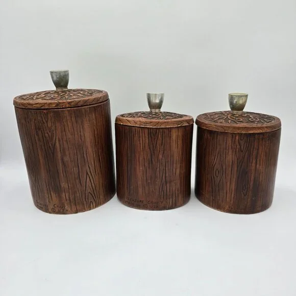 Vintage Treasure Craft US Canister Set - Flour Coffee Tea - Wood Look Ceramic wi - Picture 4 of 14